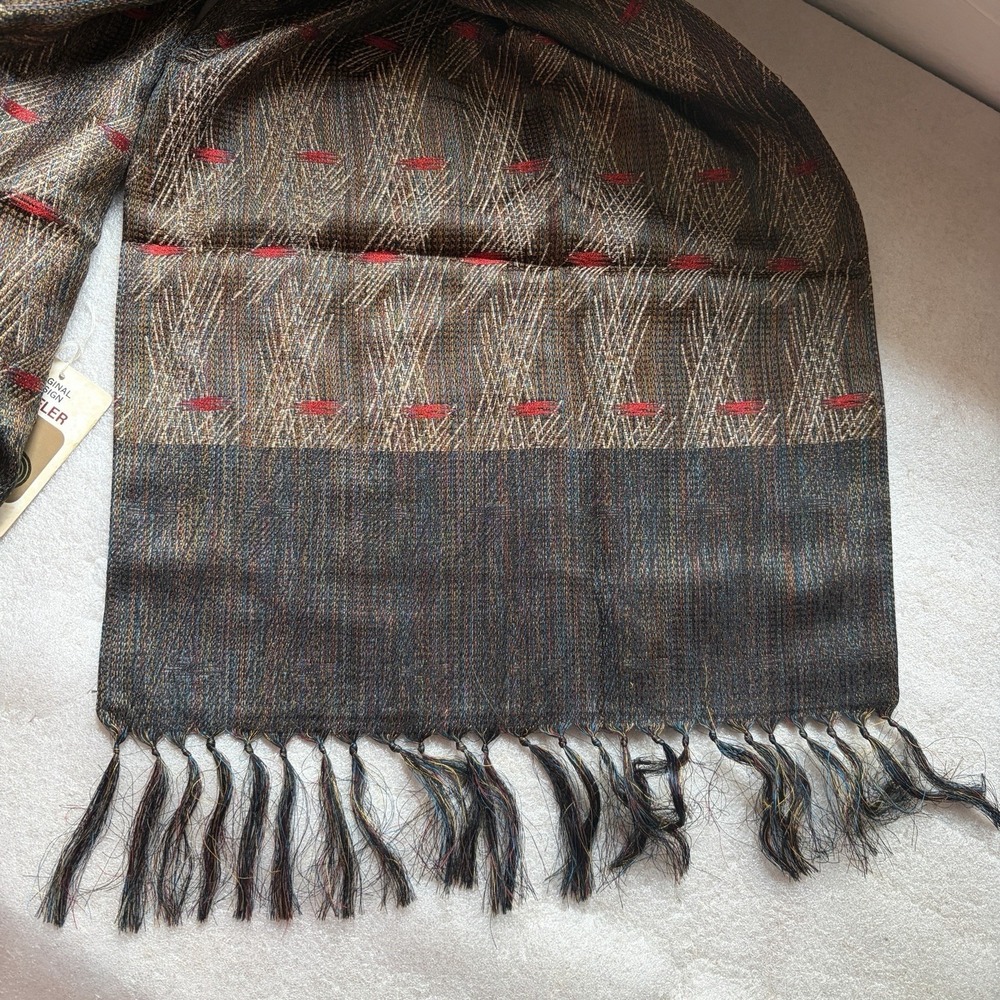 Ohmori Co Tokyo 100% Silk Scarf Brown Red Rectangle 11.5X28 Fringe Old Money - Picture 3 of 7